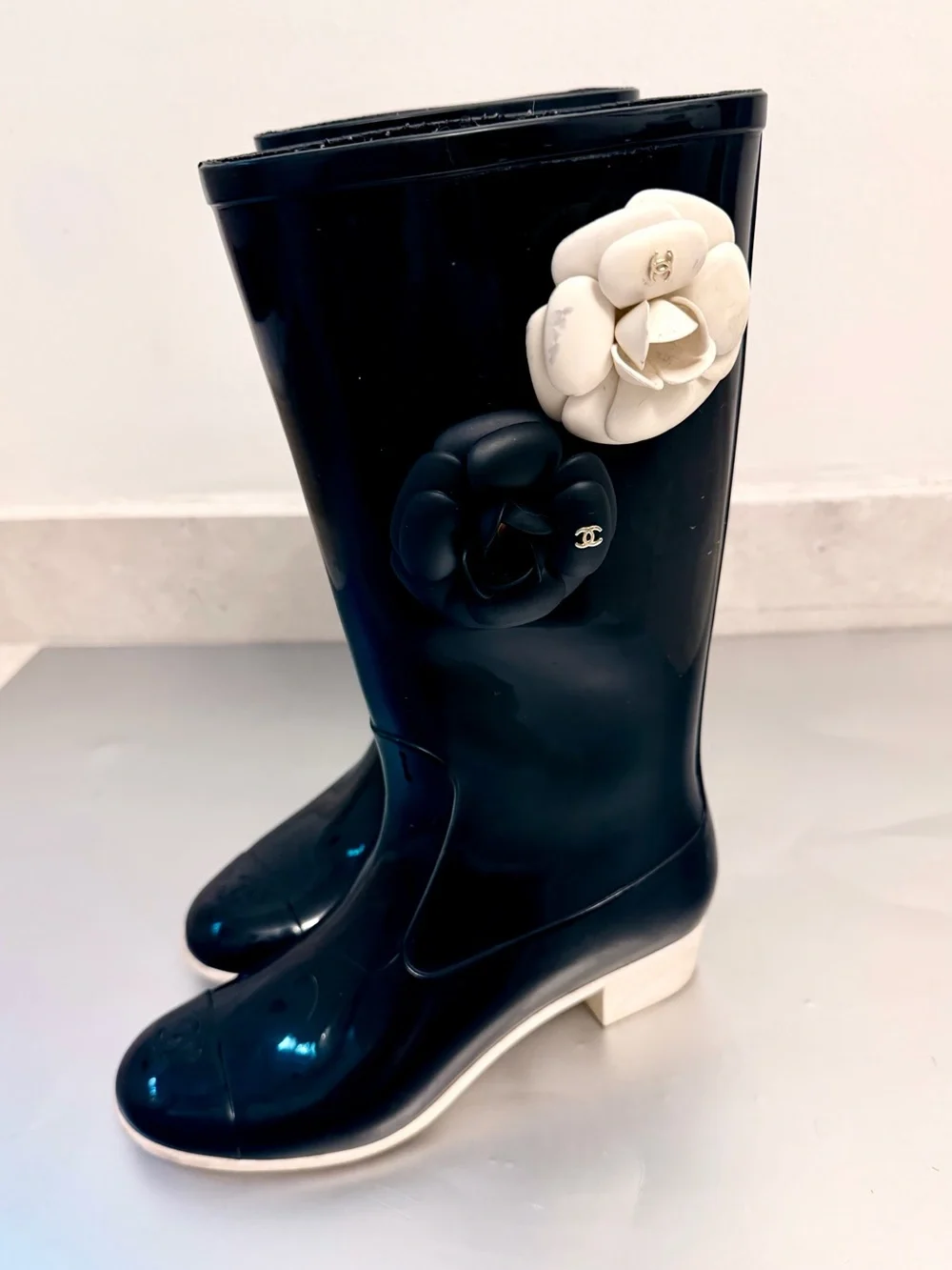 CHANEL Black Rain Boots with Black and White Camellia Details